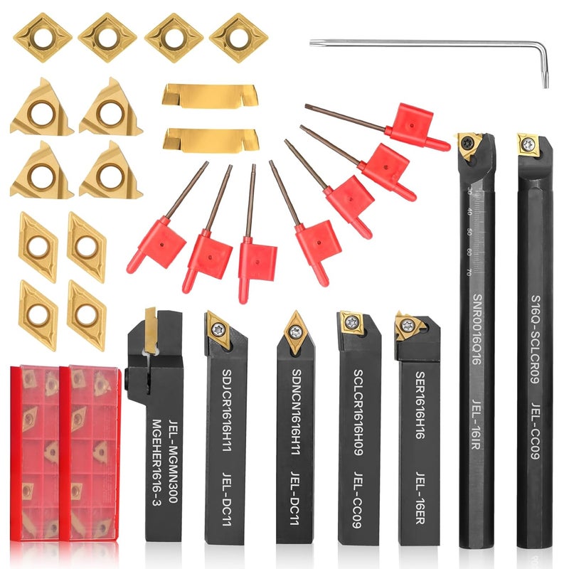 Joogto Indexable Lathe Turning Tool 21Pcs Kit 5/8'' 16mm Shank 7 Pcs Metal Lathe Tool Holder Set with 14 Pcs Turning Inserts for Turning Grooving Threading Boring Carbide Inserts Carbide Turning Tool - Image 1